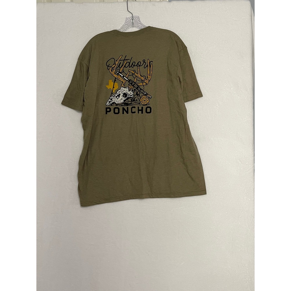 The Poncho Outdoors Mens Olive Green Graphic T-Shirt Texas Deer Fishing Logo XL
